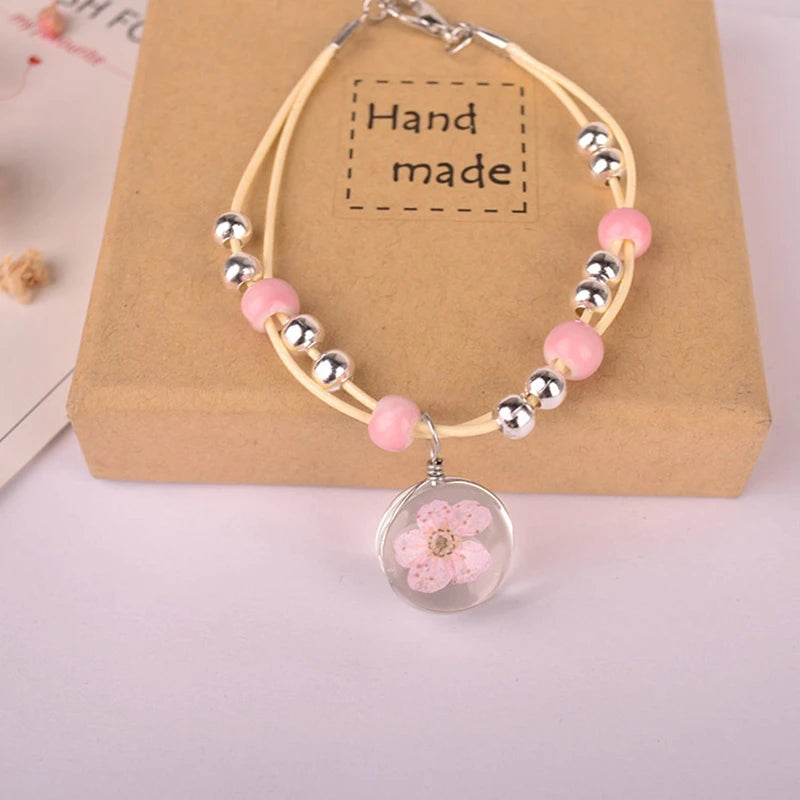 Handrope Peach Blossom Pearl Bracelet, Handwoven Ceramic Beads Glass Dry Flower Bracelet, Dry Flower Bracelet, Colorful Transparent Ball Eternal Flower Bracelet