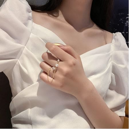 Long Chain Double Circle Rings, Retro Pearl Ring for Women, Hand Chain Faux Pearl Rhinestone Ring, Charm Pearl Beaded Ring, Alloy Simple Ring, Creative Opening Two-piece Pearl Rings