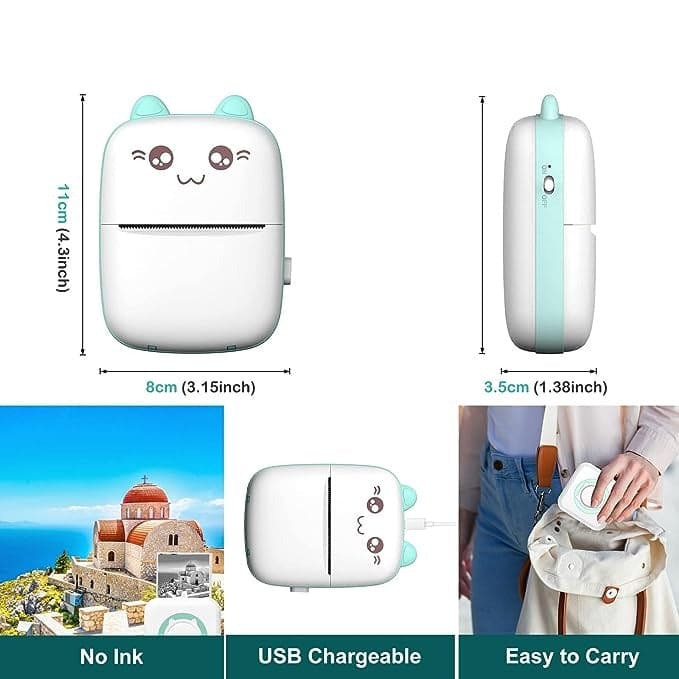 Meow Pocket Printer, Mini Bluetooth Photo Printer, Pocket Printer With Thermal Paper Roll, Wireless Mini Printer For Memo Receipt Label Notes, Thermal Printer Compatible with Android or iOS APP, Smart Thermal Inkless Printer