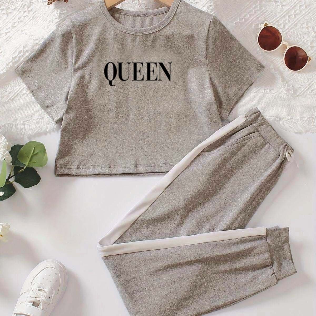 Queen Crop Top Printed Track Suit, Women's Soft Sports, Comfortable Pant Sportive Track Suit