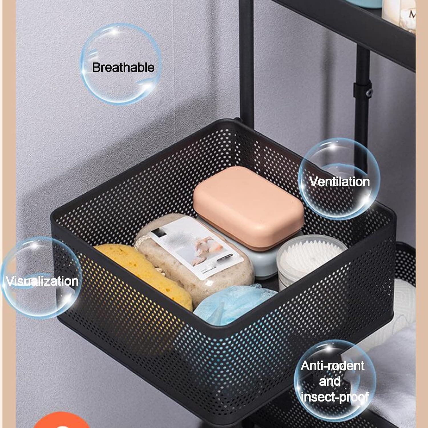3 Layer Guest Trolley Basket, Multi Telescopic Kitchen Shelf, Square Fruit Vegetable Storage Rack, Multifunctional Household Storage Shelf, Multilayer Kitchen Shelf with Wheels, Hollow Mesh Basket for Kitchen, Living Room, Bathroom