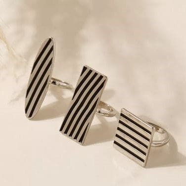 Set Of 3 Geometric Striped Ring, Striped Metal Accent Ring, Silver Black  Big Chunky Midi Ring For Women Jewellery