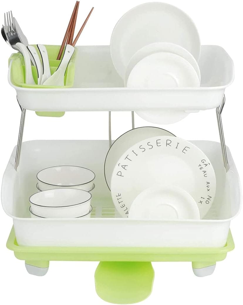 2 Tier Dish Drying Rack, Utensil Holder for Kitchen Counter, Durable Plate Rack With Drainer, Large Plastic Basket with Tray, Multipurpose Kitchen Drainage Storage Rack, Kitchen Utensils Organizer, Portable Kitchen Storage Rack