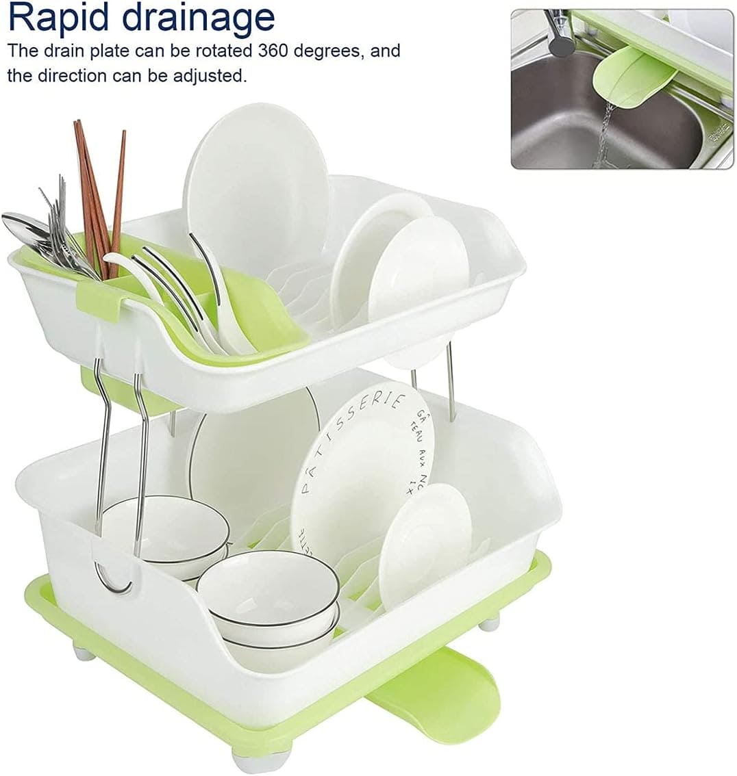 2 Tier Dish Drying Rack, Utensil Holder for Kitchen Counter, Durable Plate Rack With Drainer, Large Plastic Basket with Tray, Multipurpose Kitchen Drainage Storage Rack, Kitchen Utensils Organizer, Portable Kitchen Storage Rack
