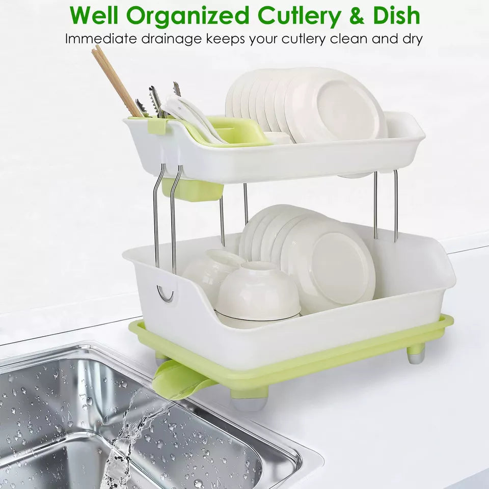 2 Tier Dish Drying Rack, Utensil Holder for Kitchen Counter, Durable Plate Rack With Drainer, Large Plastic Basket with Tray, Multipurpose Kitchen Drainage Storage Rack, Kitchen Utensils Organizer, Portable Kitchen Storage Rack