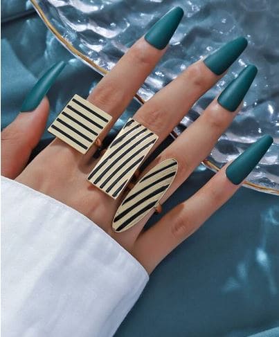 Set Of 3 Geometric Striped Ring, Striped Metal Accent Ring, Silver Black  Big Chunky Midi Ring For Women
