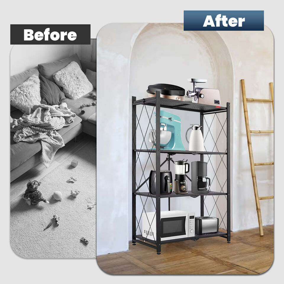 Multi Layer Folding Kitchen Rack, Kitchen Metal Folding Shelves With Wheels, Household Sundries Finishing Balcony Floor Storage Rack, Multi Level Folding Shelves with Wheels, Multifunctional 3 Tier Storage Cart