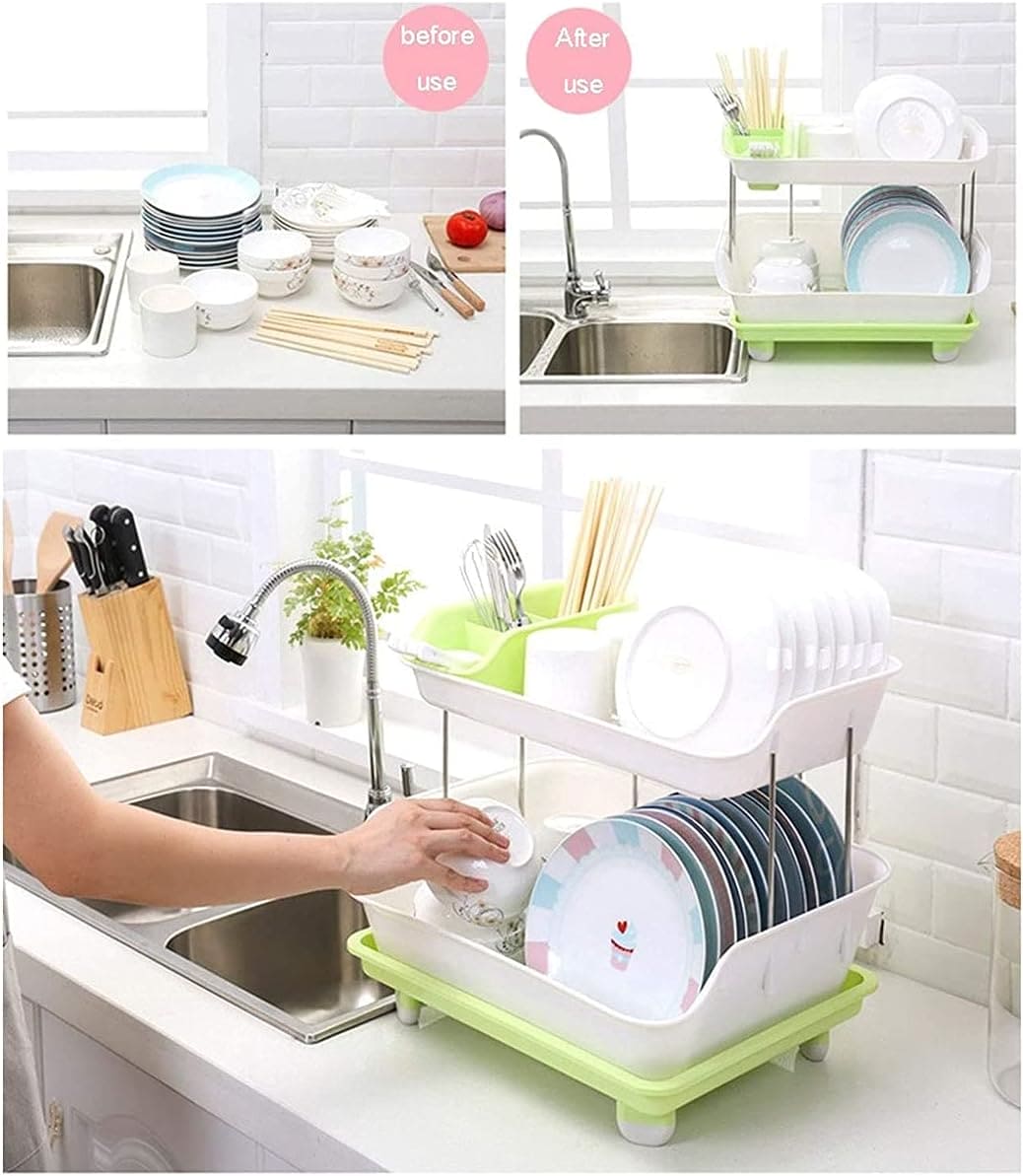 2 Tier Dish Drying Rack, Utensil Holder for Kitchen Counter, Durable Plate Rack With Drainer, Large Plastic Basket with Tray, Multipurpose Kitchen Drainage Storage Rack, Kitchen Utensils Organizer, Portable Kitchen Storage Rack