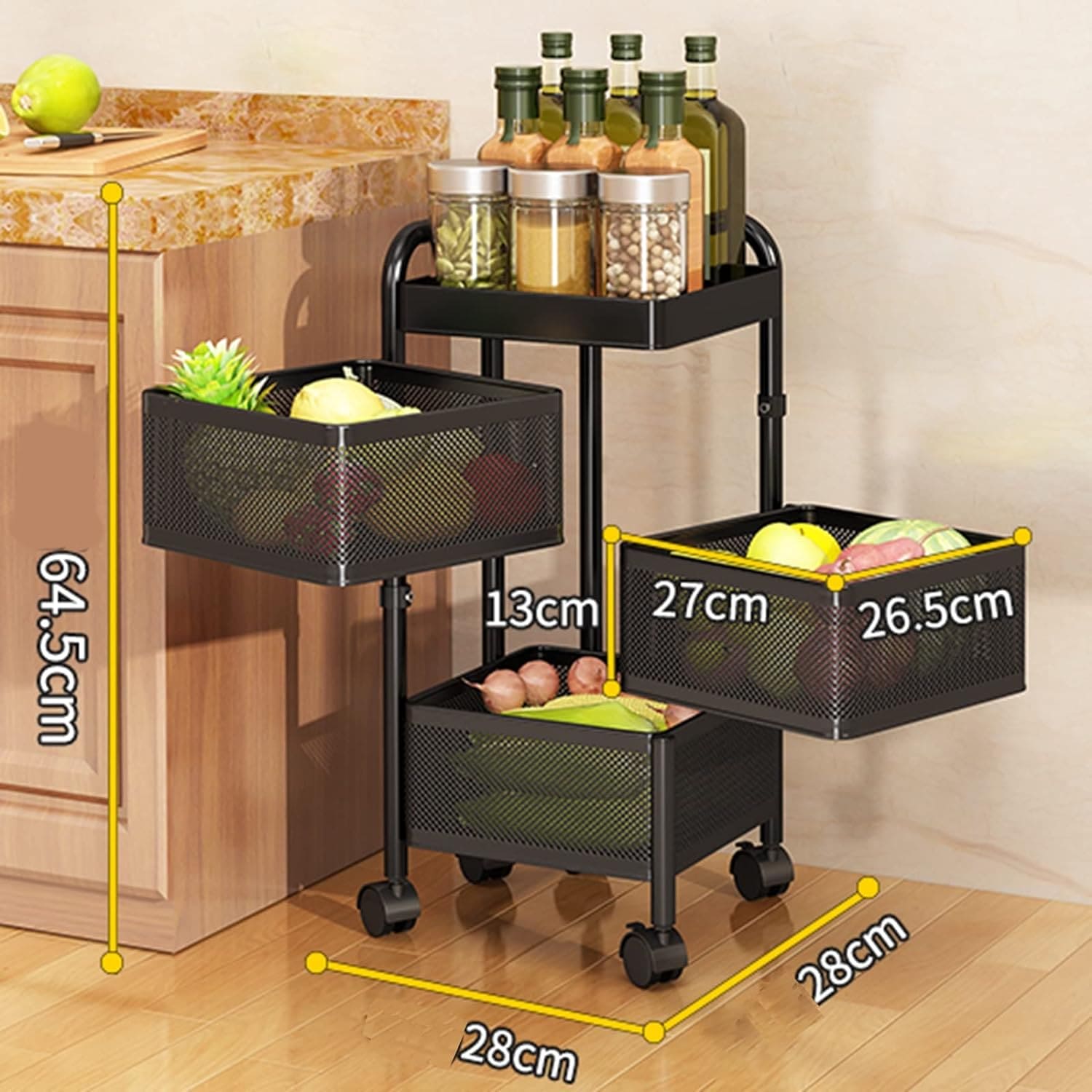 3 Layer Guest Trolley Basket, Multi Telescopic Kitchen Shelf, Square Fruit Vegetable Storage Rack, Multifunctional Household Storage Shelf, Multilayer Kitchen Shelf with Wheels, Hollow Mesh Basket for Kitchen, Living Room, Bathroom