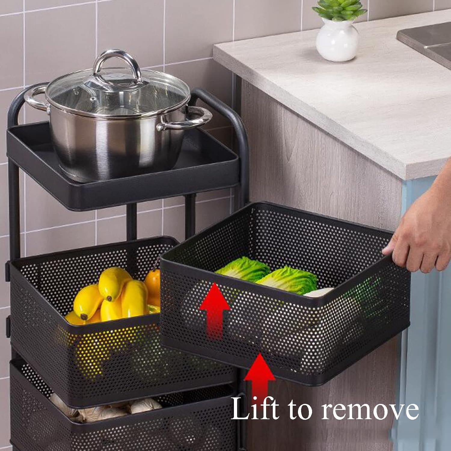 3 Layer Guest Trolley Basket, Multi Telescopic Kitchen Shelf, Square Fruit Vegetable Storage Rack, Multifunctional Household Storage Shelf, Multilayer Kitchen Shelf with Wheels, Hollow Mesh Basket for Kitchen, Living Room, Bathroom