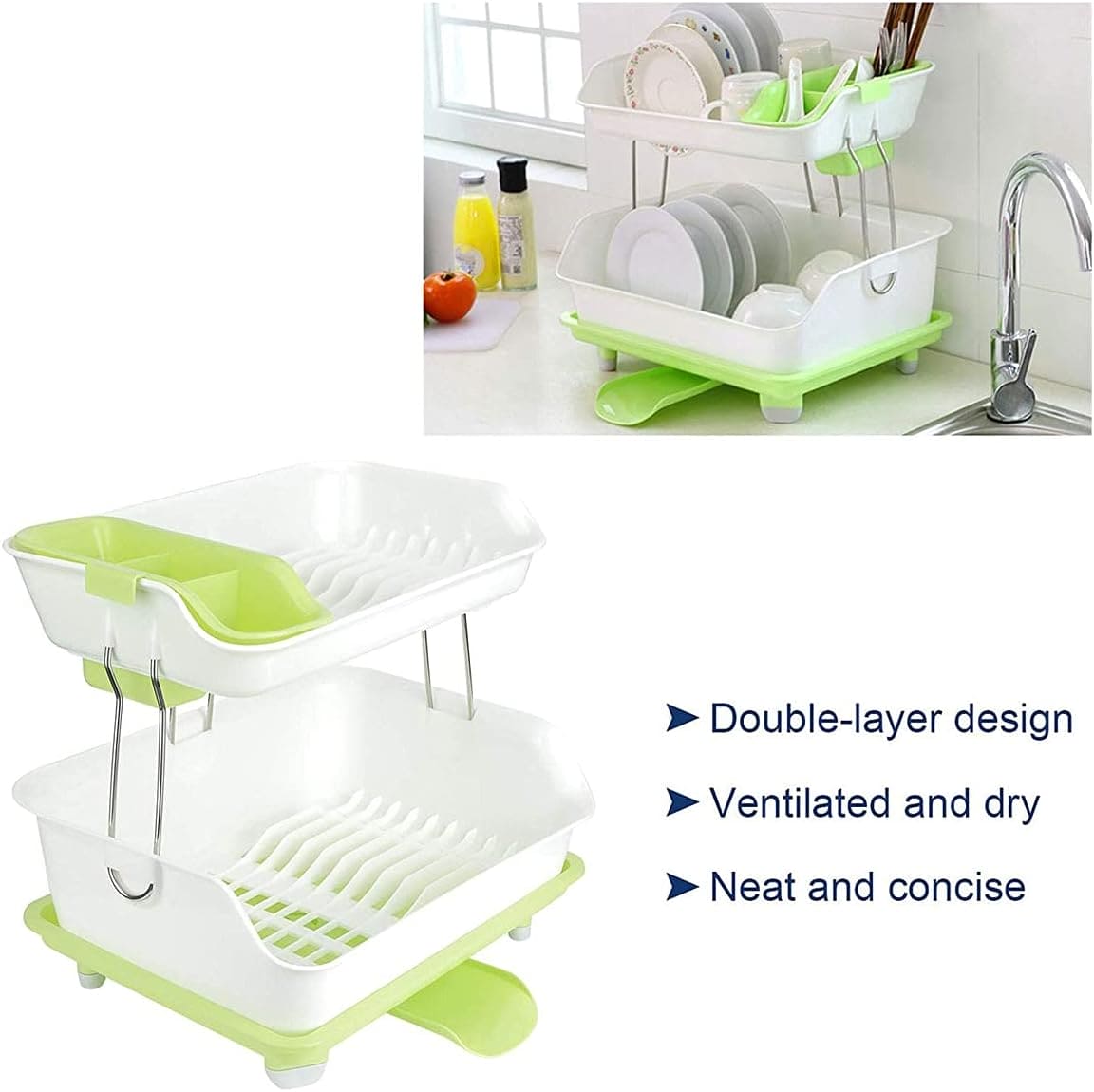 2 Tier Dish Drying Rack, Utensil Holder for Kitchen Counter, Durable Plate Rack With Drainer, Large Plastic Basket with Tray, Multipurpose Kitchen Drainage Storage Rack, Kitchen Utensils Organizer, Portable Kitchen Storage Rack