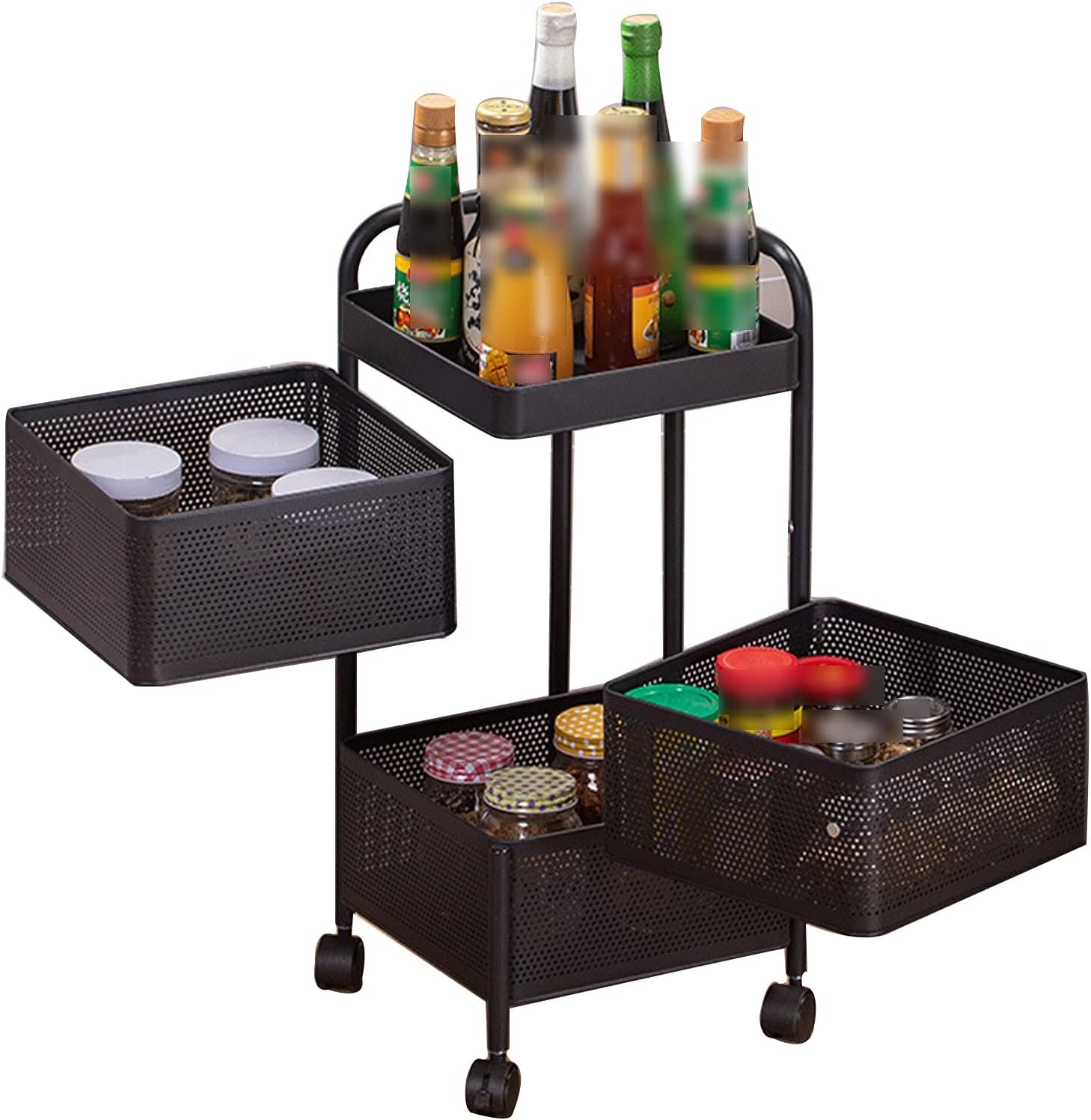 3 Layer Guest Trolley Basket, Multi Telescopic Kitchen Shelf, Square Fruit Vegetable Storage Rack, Multifunctional Household Storage Shelf, Multilayer Kitchen Shelf with Wheels, Hollow Mesh Basket for Kitchen, Living Room, Bathroom