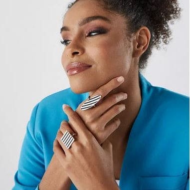 Set Of 3 Geometric Striped Ring, Striped Metal Accent Ring, Silver Black  Big Chunky Midi Ring For Women Jewellery