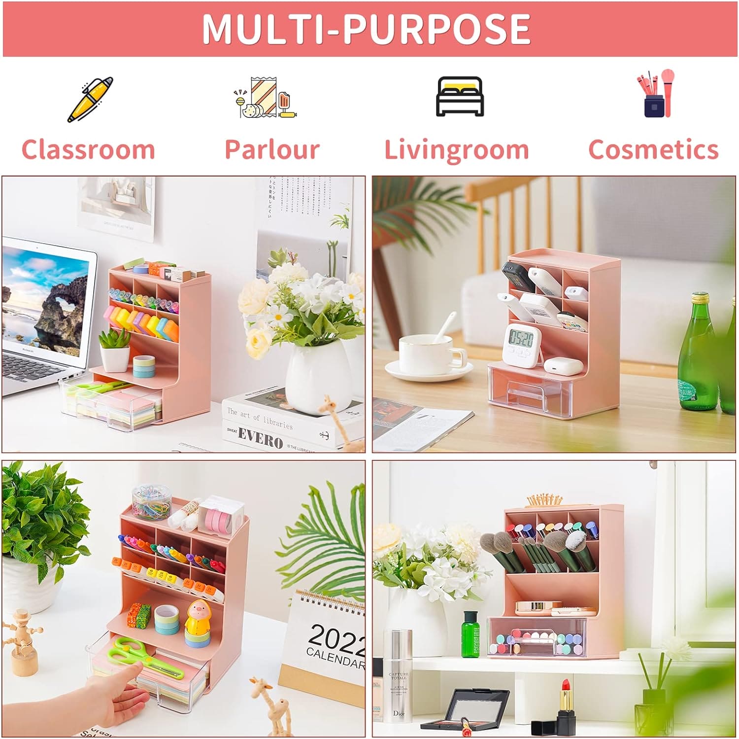 Slop Desktop Storage Box With Drawer, Classify Drawer Type Storage Box, 6 Compartment Multipurpose Organizer With Drawer, Rounded Corners Desk Stationary Organizer, Office School Inclines Desk Pen Organizer