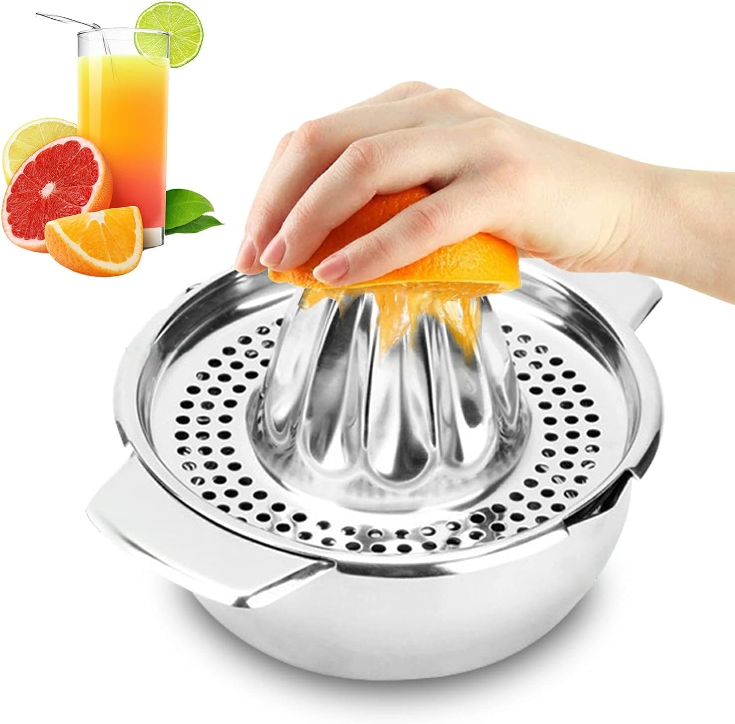 Manual Hand Press Squeezer With Bowl, Stainless Steel Fruit Squeezer, Household Pressed Juice Maker, Lime & Orange Squeezer with Built-In Bowl & Strainer