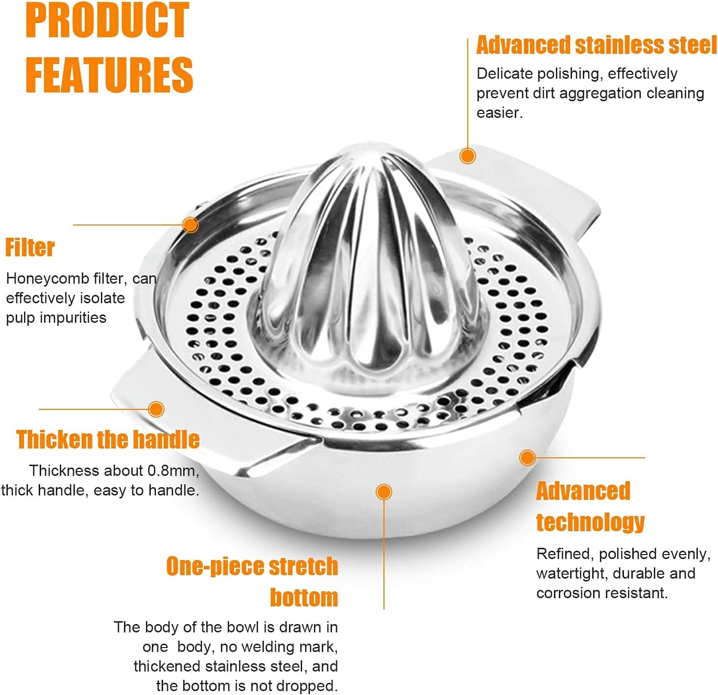 Manual Hand Press Squeezer With Bowl, Stainless Steel Fruit Squeezer, Household Pressed Juice Maker, Lime & Orange Squeezer with Built-In Bowl & Strainer