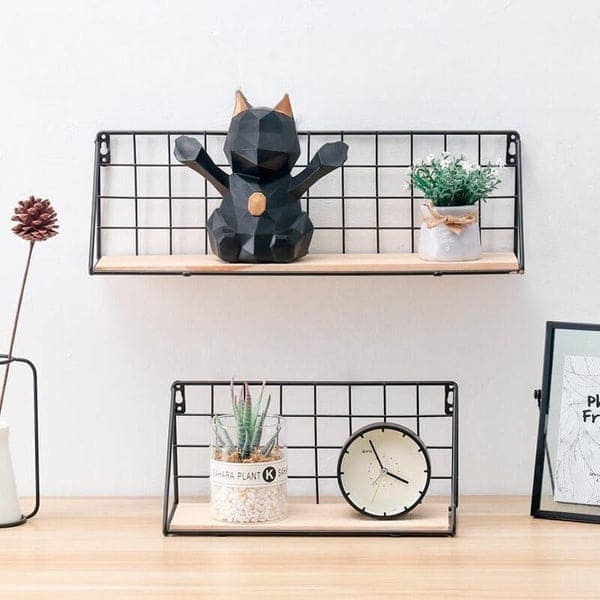 Set Of 2 Versatile Floating Wooden Shelf, Nordic Style Iron Wall Dormitory Stand, Multipurpose Home Organization Rack, Iron Kitchen Bathroom Shelf, Black Wire and Natural Wood Shelf, Home Decorative Hanging Grid Basket, Wall Art Shelve Flower Pot Stand