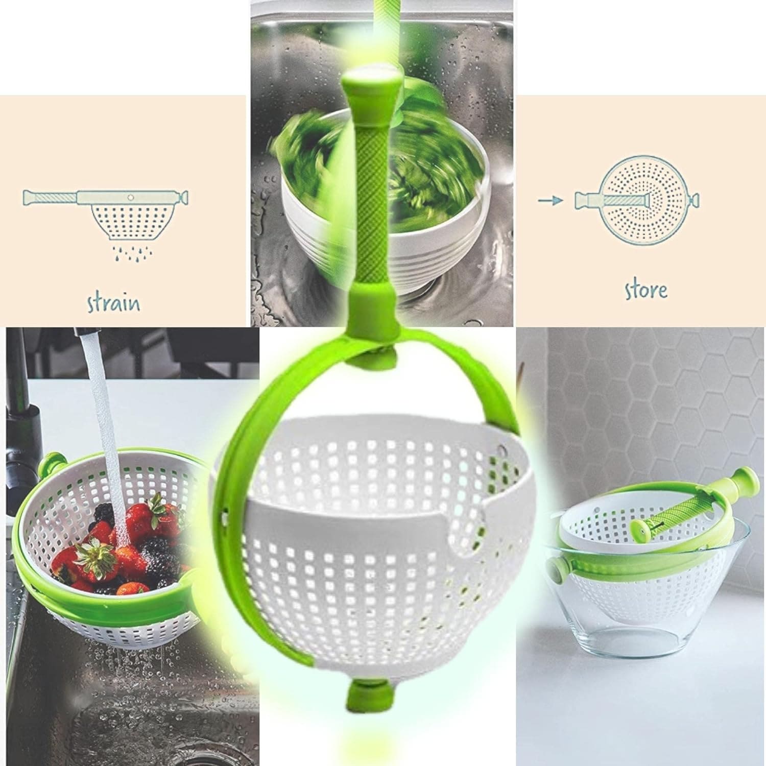 Revolving Drain Basket, Multipurpose Salad Molicer, Foldable Strainer Fruit Vegetable Washing Basket, New Salad Spinner, Dehydration Water Throwing Drain Basket, Lettuce Spinning Colander Kitchen Tool, Spinning Basket with Collapsible Handle
