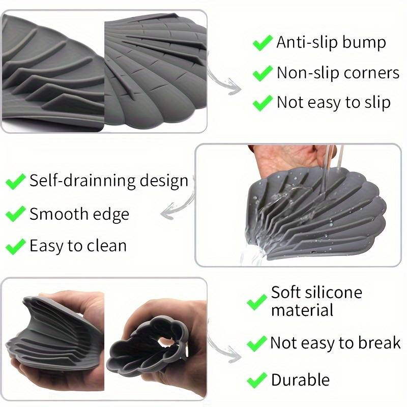 Sea Shell Soap Dish, Anti Slip Creative Soap Box, Self Draining Soap Bar Holder, Bathroom Silicone Soap Dish Tray, Kitchen Countertop Sink Splash Drying Mat, Sponge Drain Pad Rack, Silicone Washing Table Soap Tray
