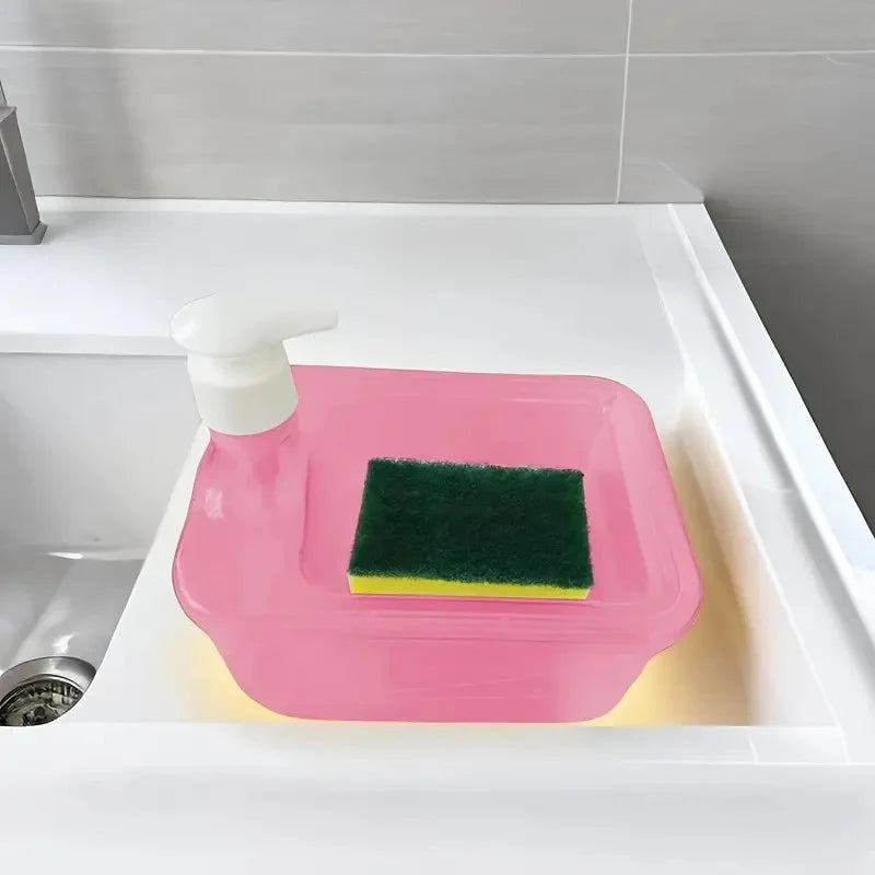 Press Cleaning Liquid Container, Soap Dispenser With Sponge Holder, Kitchen Liquid Dispenser Press Box, Press Soap Outlet Box Sponge Dispenser, 800ml Manual Sink Dish Washing Soap Dispenser, 2 in 1 Design For Kitchen