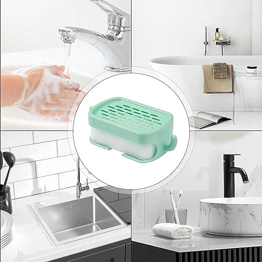 Soap Bar Container, Double Layer Soap Saver Case With Hook, Wall Mounted Self Draining Soap Dish For Shower Bathroom Kitchen Accessories, Plastic Drain Soap Box with Sponge Holder, Soap Saver Case with Hanger Sponge,3 in 1 Soap Container with Sponge