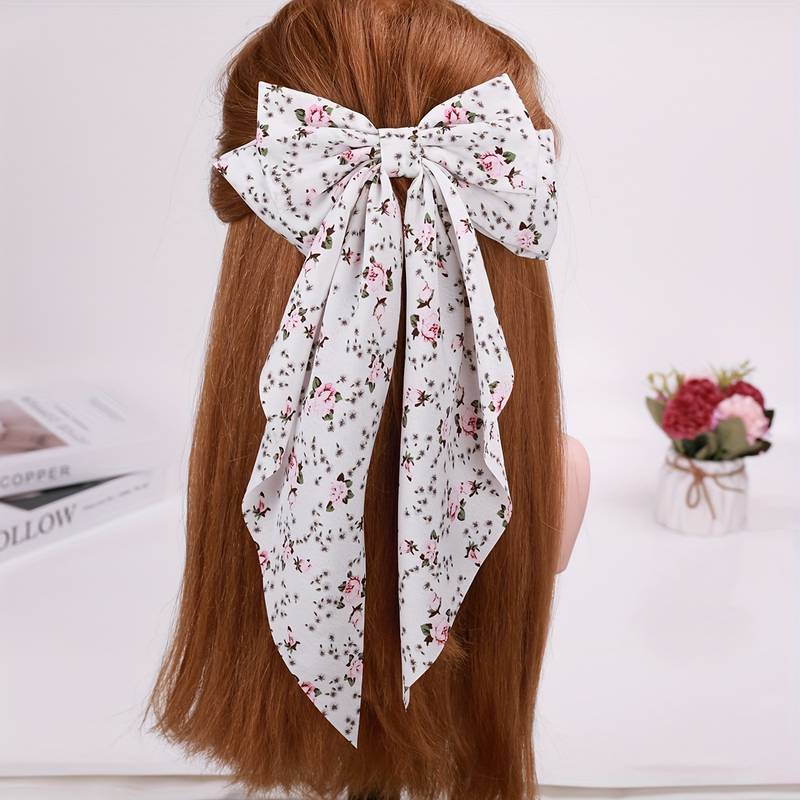 Bow Hair Clip, Scarf Bow Hair French, Elegant Long Tail Hair Barrettes, Non Slip Hair Decorations For Women Girls, Fresh Floral Hairpin, Bowknot Hair Duckbill Clip Accessories