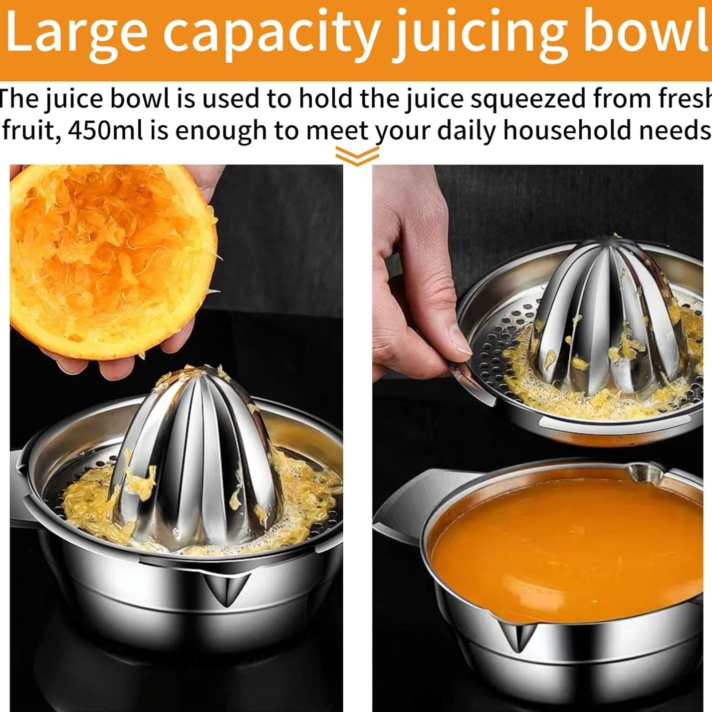 Manual Hand Press Squeezer With Bowl, Stainless Steel Fruit Squeezer, Household Pressed Juice Maker, Lime & Orange Squeezer with Built-In Bowl & Strainer