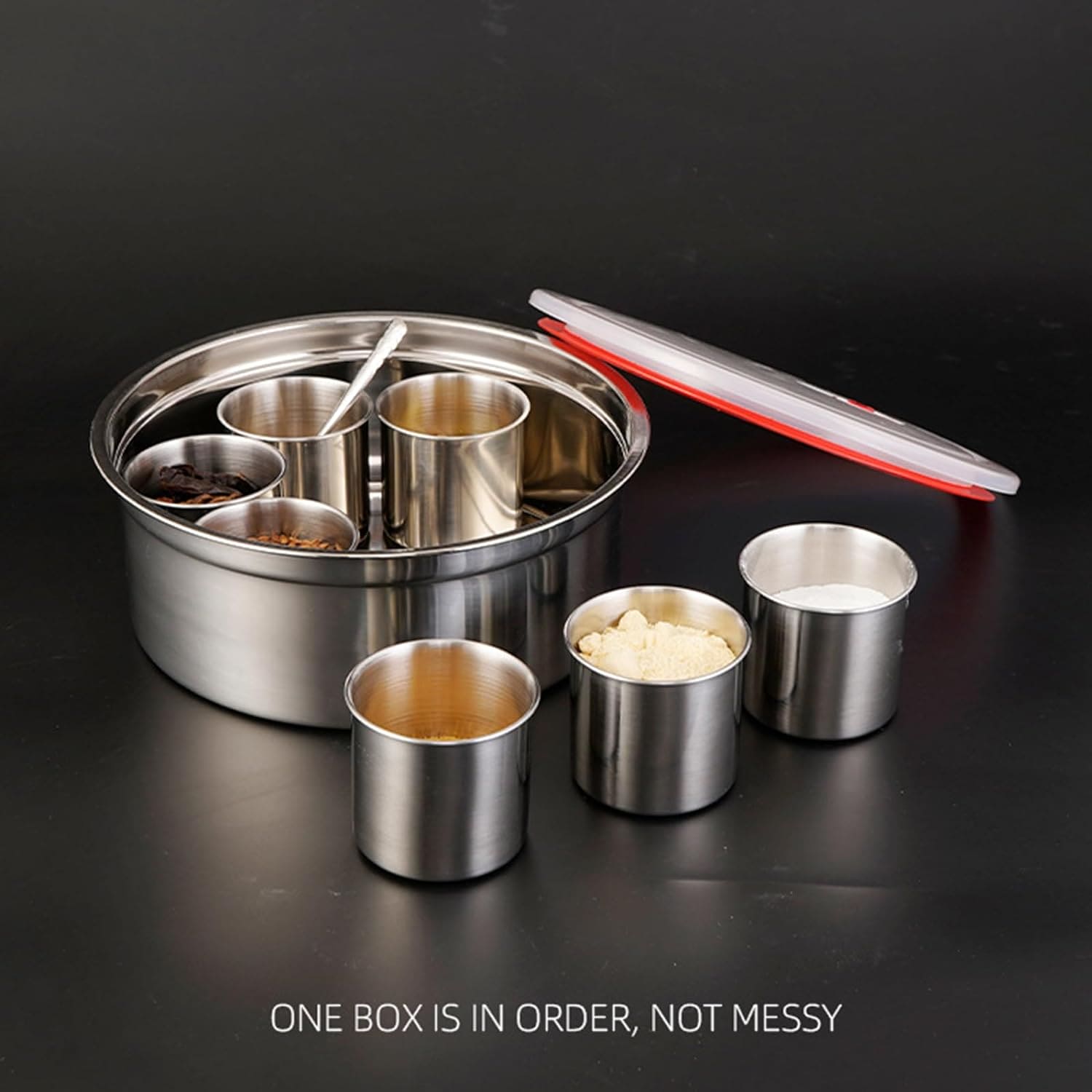 7 Grid Steel Spice Box With Spoon, Kitchen Household Masala Dabba, Stainless Steel Seasoning Box, Round Spice Jar with Transparent Lid, Multifunctional And Elegant Spice Box