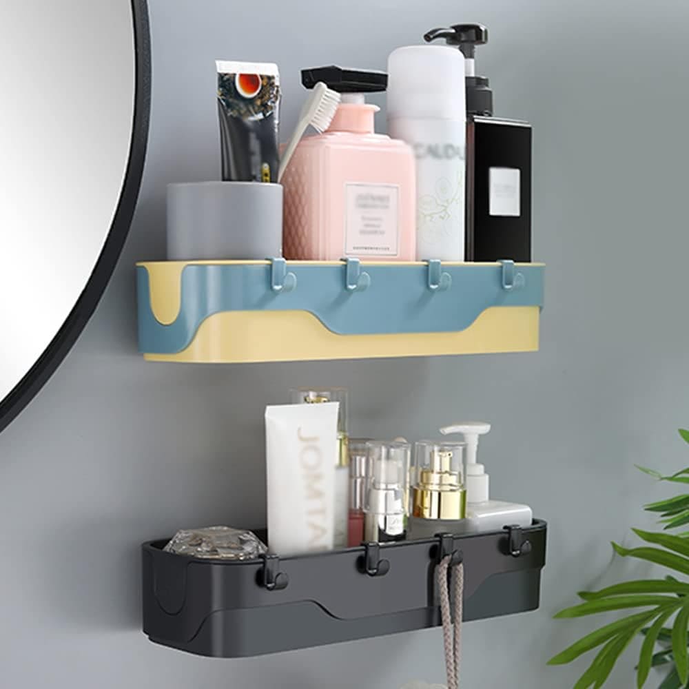 Large Capacity Wall Shelf, Wall Mounted Shower Storage Rack, Storage Wall Shelf With Hook, Self Adhesive Shower Caddy, Plastic Bathroom Shelf Wall Storage Rack,  Wall Mounted Floating Shelf, Multipurpose Countertop Basket, Bathroom Kitchen Storage Rack