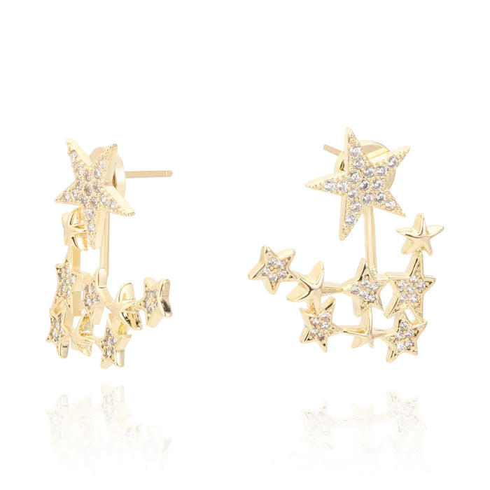 Crystal Star Fancy Earrings, Crystal Star Stud Earrings, Lovely Gold Color Crystal Radiate Star Earrings Jewelry, Star Simulated Pearl Beads, Shiny Star Earrings For Women