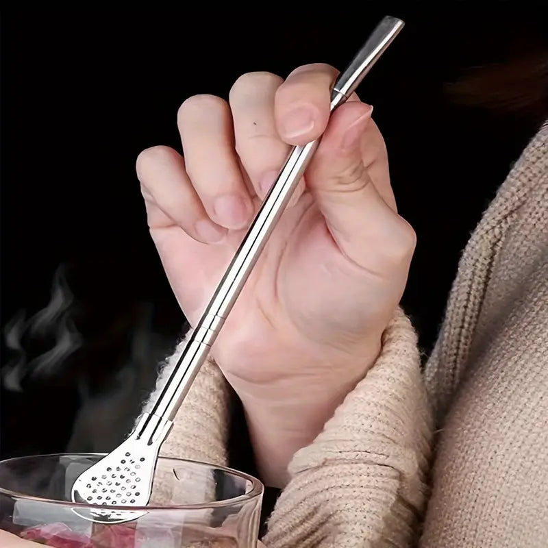 Steel Filter Spoon Straw, 3 In 1 Pole Spoon, Metal Straws Dinner Spoon Infuser, Washable Drinking Straw Filter, Tableware Juice Tea Coffee Spoon, Detachable Bombils Filter Spoon, Long Handle Spoon Tumbler, Reusable Straws Steel Stirring Serving Spoon