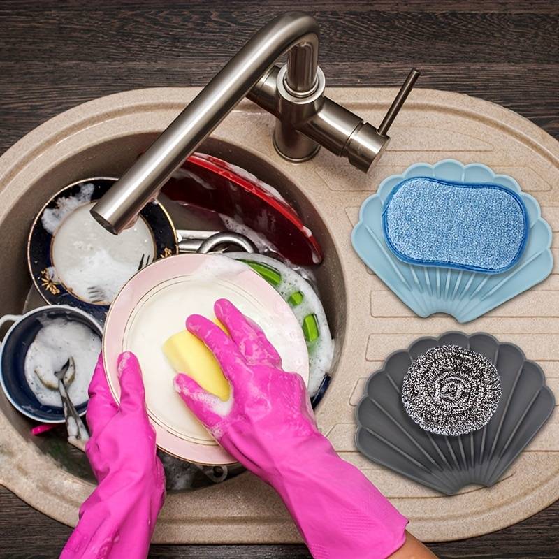 Sea Shell Soap Dish, Anti Slip Creative Soap Box, Self Draining Soap Bar Holder, Bathroom Silicone Soap Dish Tray, Kitchen Countertop Sink Splash Drying Mat, Sponge Drain Pad Rack, Silicone Washing Table Soap Tray