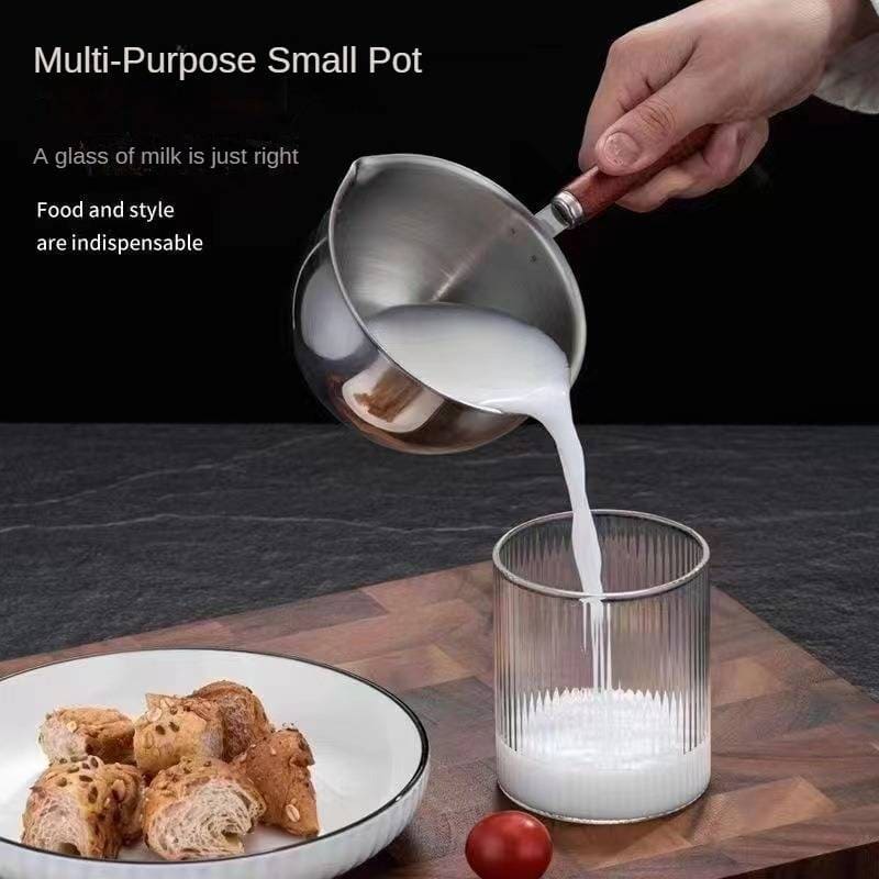 Stainless Steel Oil Splash Pot, Wooden Handle Mini Sauce Pan, Kitchen Cooking Seasoning Dripping Sauce Pan, Household Small Milk Pan, Multipurpose Home Kitchen Small Cooking Pot Butter Melting Pot