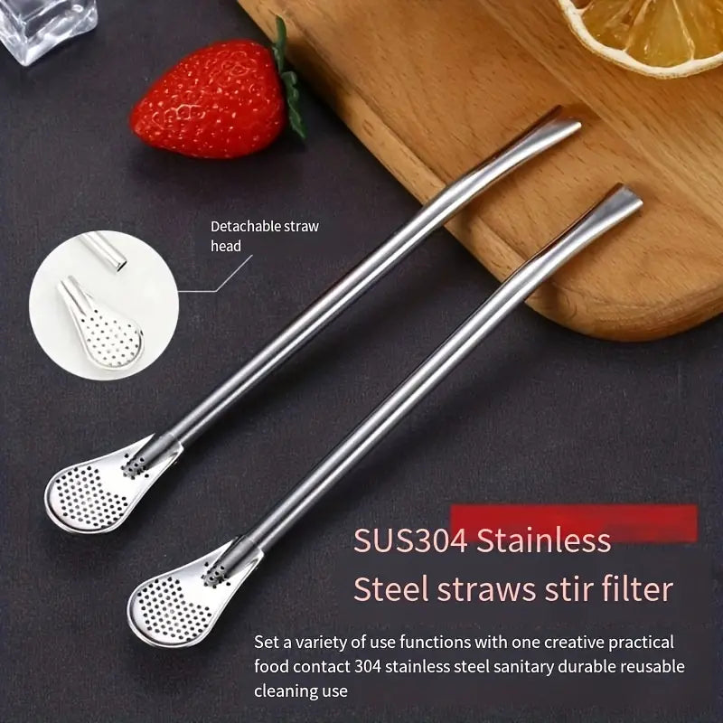 Steel Filter Spoon Straw, 3 In 1 Pole Spoon, Metal Straws Dinner Spoon Infuser, Washable Drinking Straw Filter, Tableware Juice Tea Coffee Spoon, Detachable Bombils Filter Spoon, Long Handle Spoon Tumbler, Reusable Straws Steel Stirring Serving Spoon