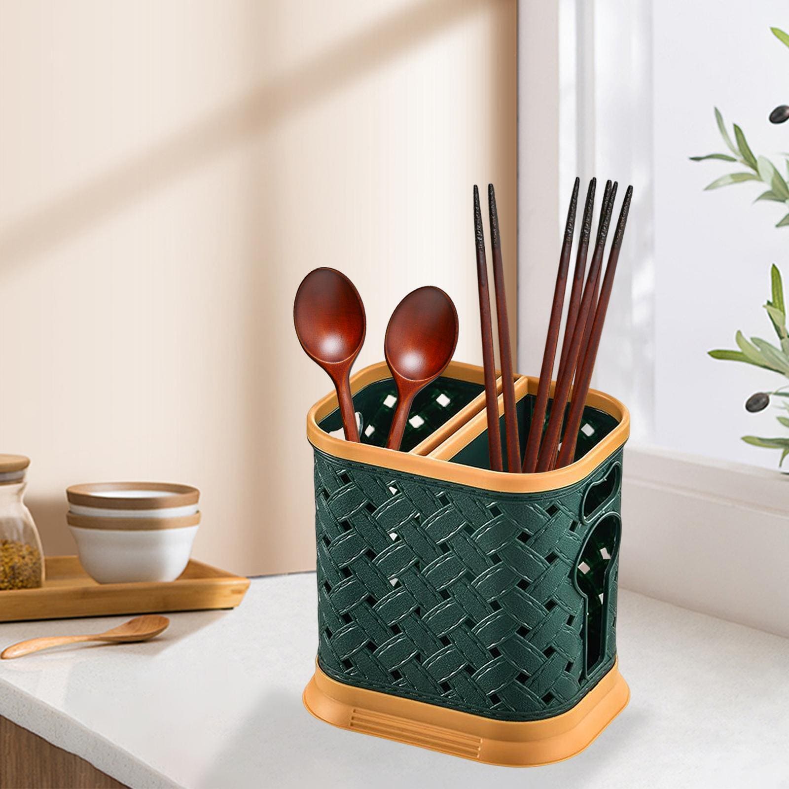  Fab Pad Bamboo Silverware Caddy, Cutlery Holder with Handle -  3 Compartment Utensil Holder and Easy to Clean Spoon Fork Knife Holder -  Non-Slip Kitchen Utensil Organizer for Countertop Drawer