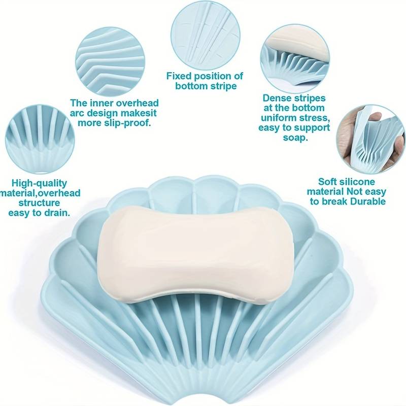 Sea Shell Soap Dish, Anti Slip Creative Soap Box, Self Draining Soap Bar Holder, Bathroom Silicone Soap Dish Tray, Kitchen Countertop Sink Splash Drying Mat, Sponge Drain Pad Rack, Silicone Washing Table Soap Tray