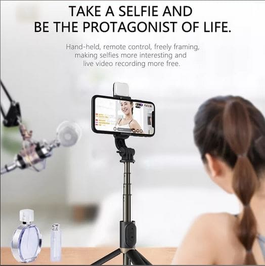 Ola Selfie Stick, Portable Mobile Tripod With Light, Metal Stable Bluetooth RC Selfie Stick, Retractable Portable Phone Holder Stick for Vlogging, Selfies & Video Recording, 360 Degree Rotation Selfie Stick Tripod with Fill Light & Wireless Remote