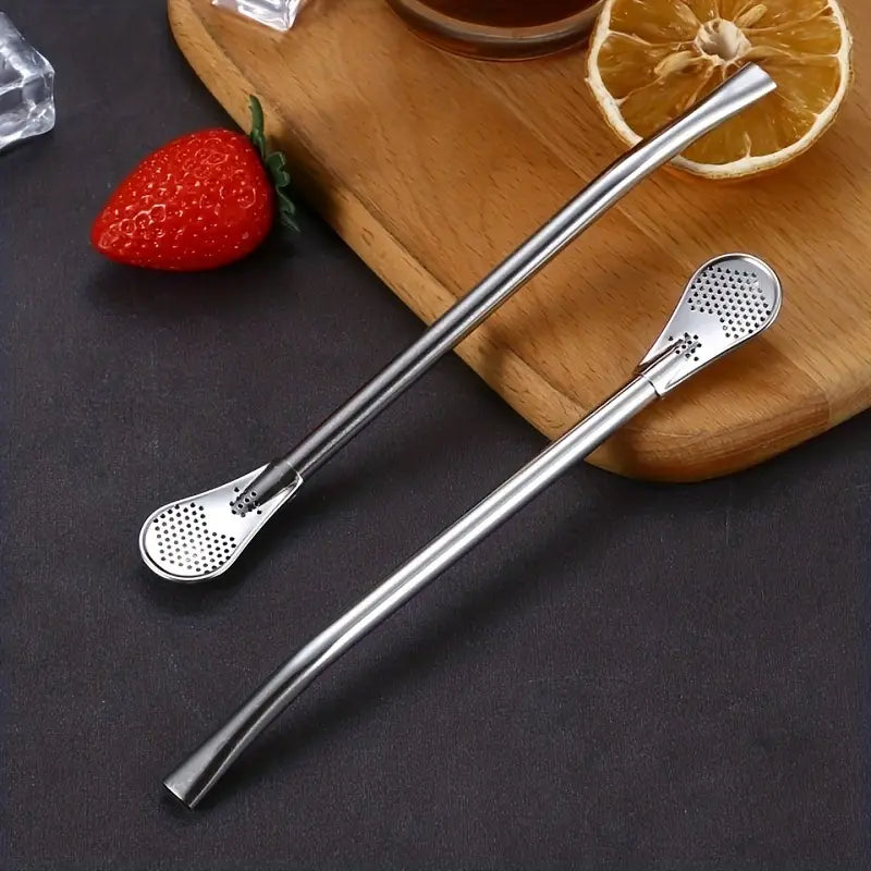 Steel Filter Spoon Straw, 3 In 1 Pole Spoon, Metal Straws Dinner Spoon Infuser, Washable Drinking Straw Filter, Tableware Juice Tea Coffee Spoon, Detachable Bombils Filter Spoon, Long Handle Spoon Tumbler, Reusable Straws Steel Stirring Serving Spoon