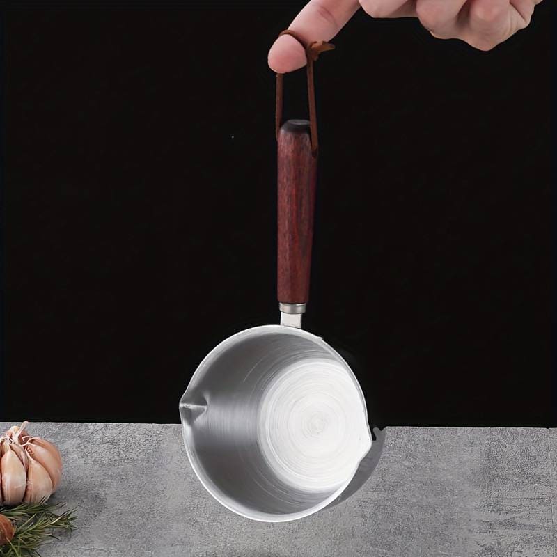 Stainless Steel Oil Splash Pot, Wooden Handle Mini Sauce Pan, Kitchen Cooking Seasoning Dripping Sauce Pan, Household Small Milk Pan, Multipurpose Home Kitchen Small Cooking Pot Butter Melting Pot