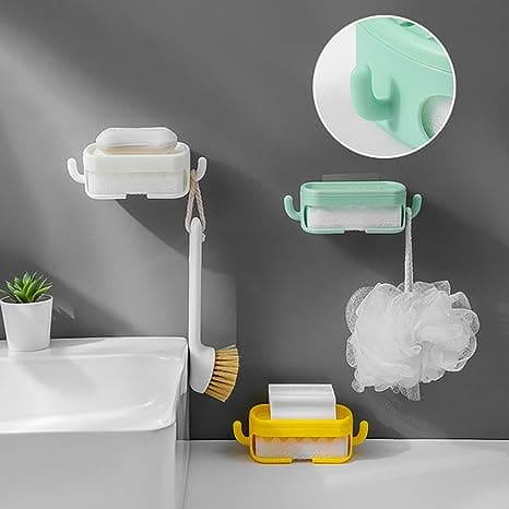 Soap Bar Container, Double Layer Soap Saver Case With Hook, Wall Mounted Self Draining Soap Dish For Shower Bathroom Kitchen Accessories, Plastic Drain Soap Box with Sponge Holder, Soap Saver Case with Hanger Sponge,3 in 1 Soap Container with Sponge