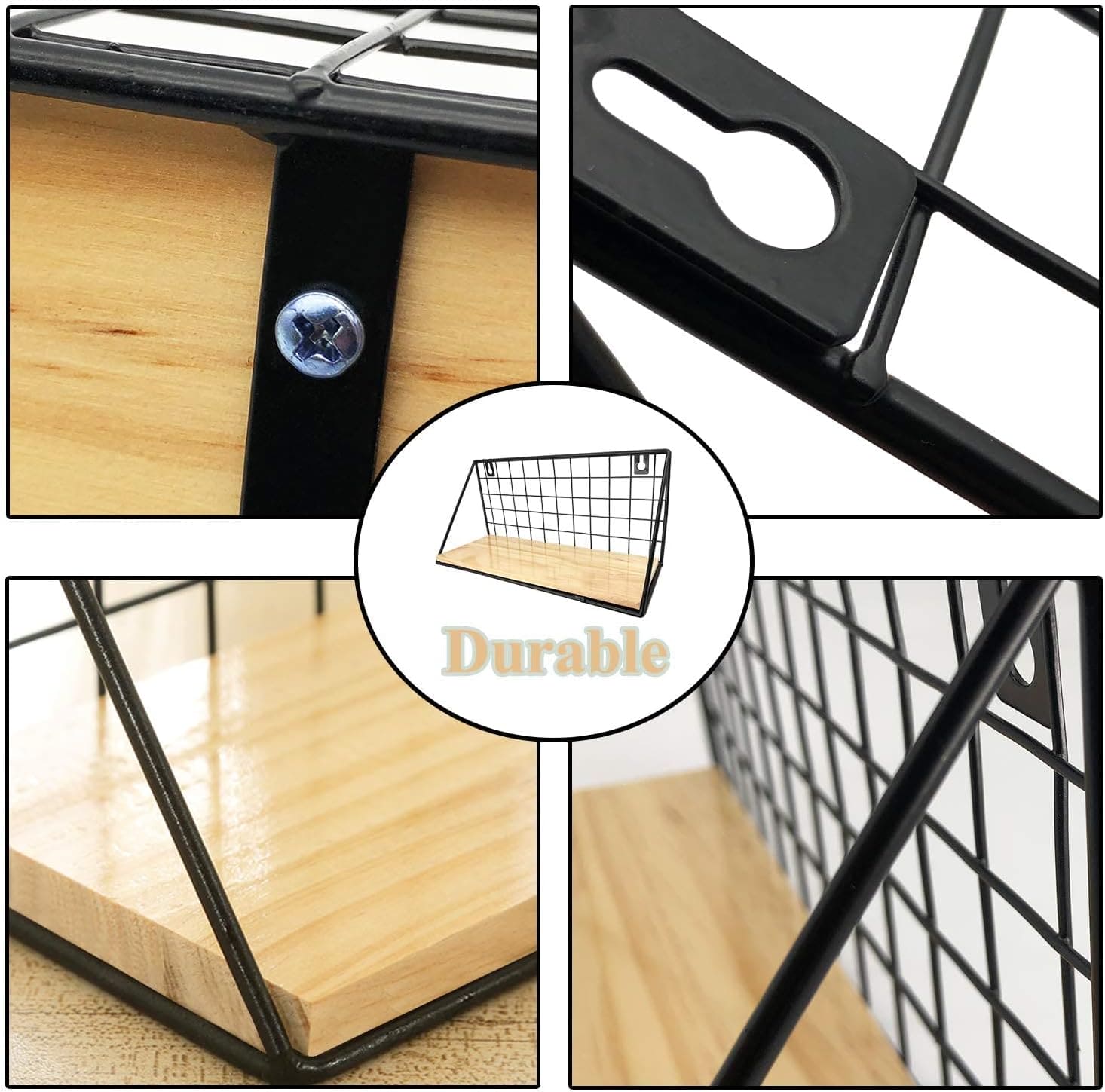 Set Of 2 Versatile Floating Wooden Shelf, Nordic Style Iron Wall Dormitory Stand, Multipurpose Home Organization Rack, Iron Kitchen Bathroom Shelf, Black Wire and Natural Wood Shelf, Home Decorative Hanging Grid Basket, Wall Art Shelve Flower Pot Stand