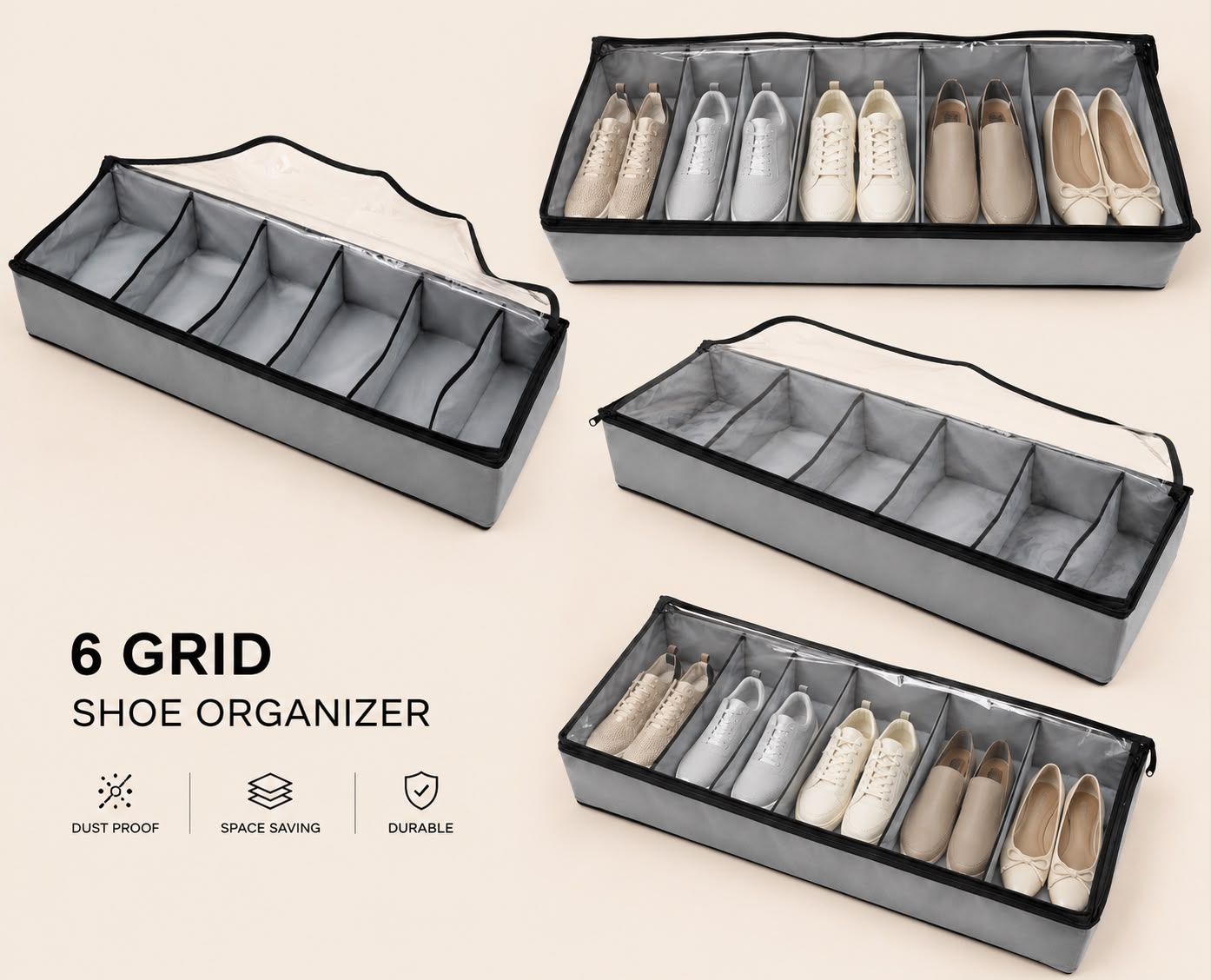 6 Grid Under Bed Shoe Organizer, Dustproof 8 Slot Shoe Storage Box, Multi-Compartment Shoe Organizer With Zipper Cover, Space Saving 12 Grid Shoe Storage Case