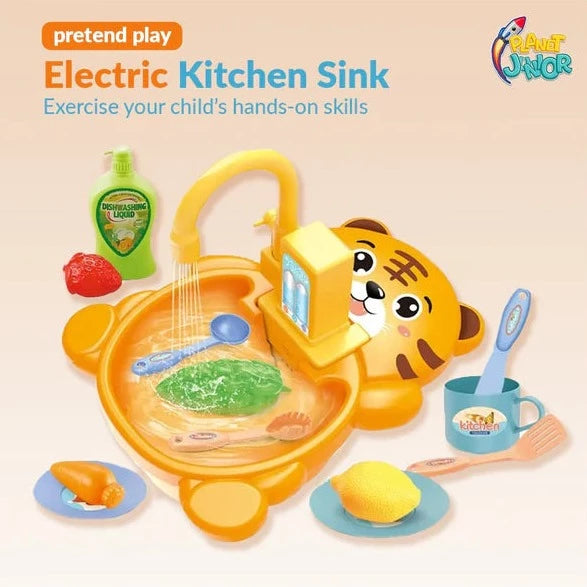 Electric Kitchen Sink Toy, Children's Simulation Sink with Fruit & Tableware Toy, Dishwasher Play Kitchen Kit
