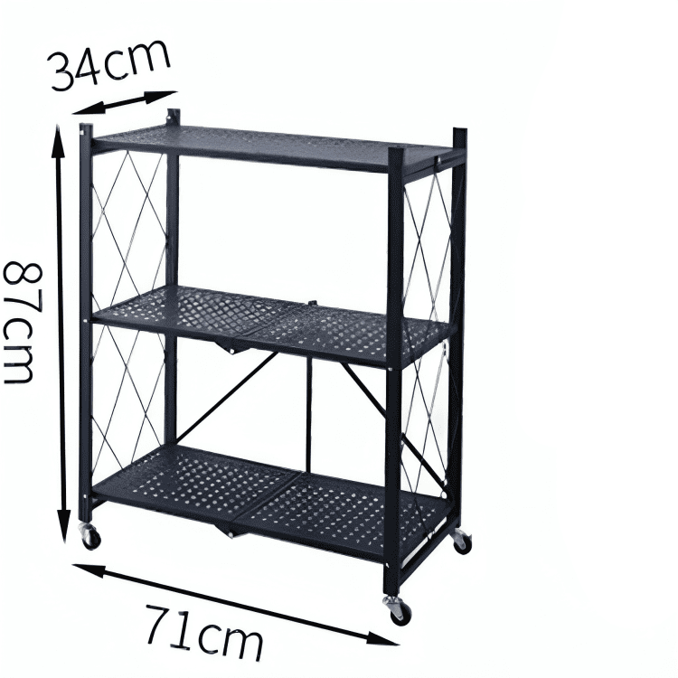 3 Layer Foldable Mobile Wheels Storage Cart, Large Iron Multifunctional Living Room Rack, Multilayer Bookshelf Display Kitchen Storage Rack, Metal Shelving Units Storage Racks with Lockable Wheels, Kitchen Home Space Saving Organizer