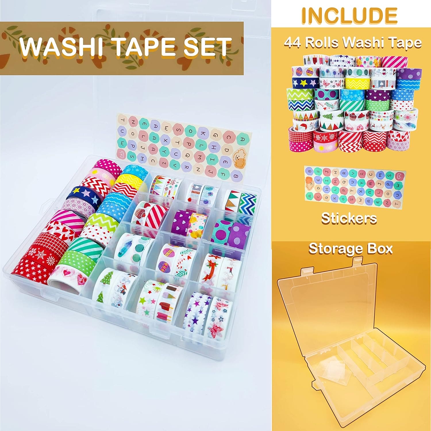 Set of 51 Decorative Tape, Art Washi Tape Storage Box, Multi Design Sticky Paper Decorative Tape, Masking Tape Organizer, Aesthetic for DIY Crafts, Gift Wrapping Tape, Decorative Tapes with Storage Box