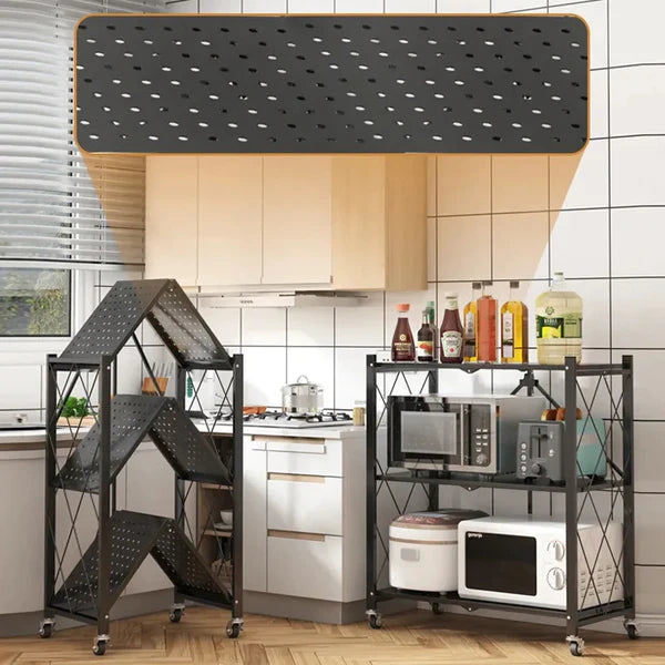 3 Layer Foldable Mobile Wheels Storage Cart, Large Iron Multifunctional Living Room Rack, Multilayer Bookshelf Display Kitchen Storage Rack, Metal Shelving Units Storage Racks with Lockable Wheels, Kitchen Home Space Saving Organizer