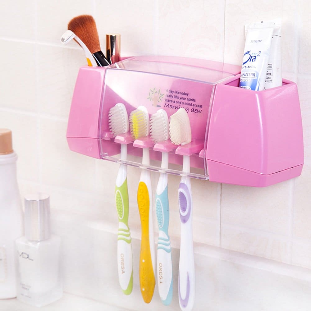 Multifunctional Toothbrush Rack, 5 Slot Toothbrush Holder, Wall Mounted Bathroom Toothbrush Holder, Family Bath Toothpaste Storage Rack, Suction Cup Bathroom Tools Toothbrush Rack