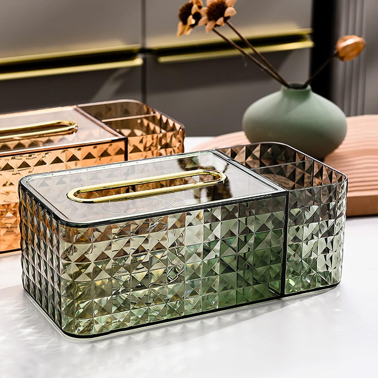 3 Compartment Diamond Tissue Box, Sundries Makeup Paper Storage Box, Napkin Remote Control Storage Box, Spring Tissue Paper Box, Crystal Rectangular Scarf Box
