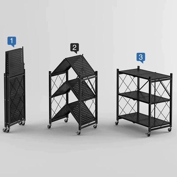 3 Layer Foldable Mobile Wheels Storage Cart, Large Iron Multifunctional Living Room Rack, Multilayer Bookshelf Display Kitchen Storage Rack, Metal Shelving Units Storage Racks with Lockable Wheels, Kitchen Home Space Saving Organizer
