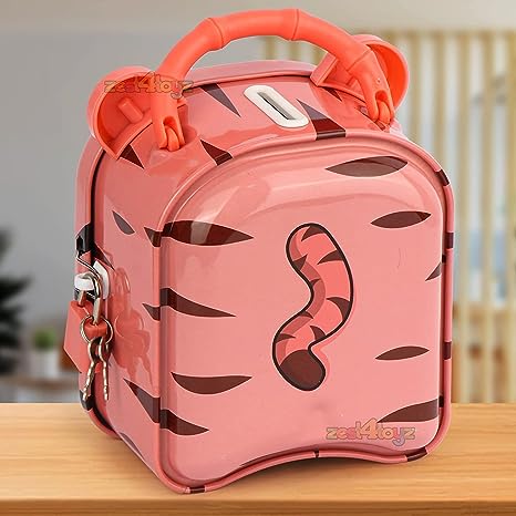 Cute Tiger Money Saving Box, Cartoon Money Piggy Bank, Mini Piggy Bank with Handle And Lock, Metal Body Money Saving Coin Bank for Children, Coin Saving Box for Kids Girls Boys, Adorable Saving Pot Money Box